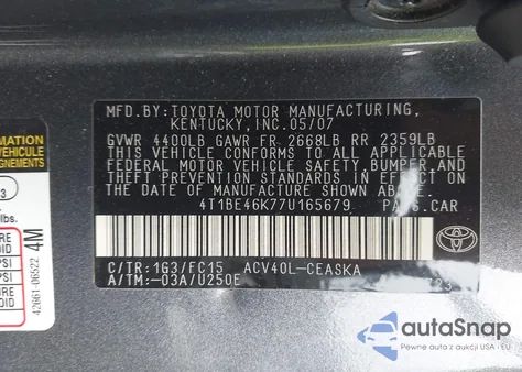 2007 Toyota Camry Se z USA, uszkodzony, nr VIN 4T1BE46K77U165679